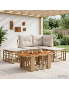 Set Divano da Giardino 5 pz Naturale e Bianco Crema polyrattan