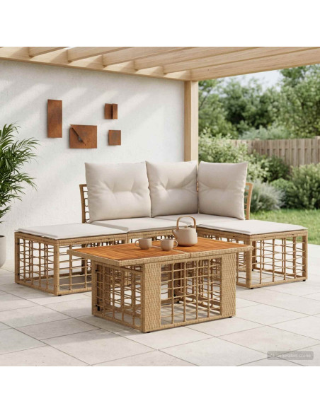 Set Divano da Giardino 5 pz Naturale e Bianco Crema polyrattan