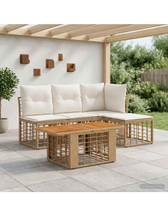 Set Divano da Giardino 5 pz Naturale e Bianco Crema polyrattan