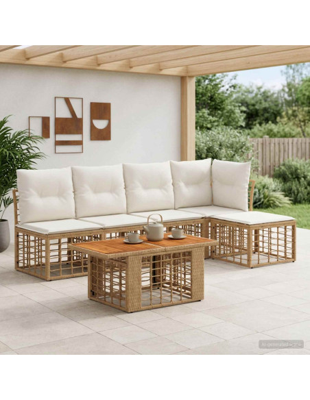 Set Divano da Giardino 6 pz Naturale e Bianco Crema polyrattan