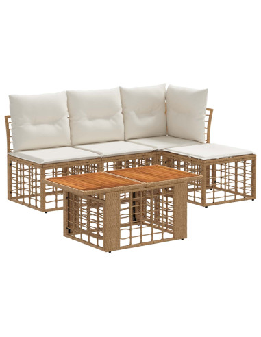 Set Divano da Giardino 5 pz Naturale e Bianco Crema polyrattan