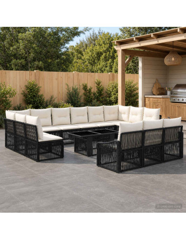 Set Divano da Giardino 14 pz Nero e Bianco Crema polyrattan