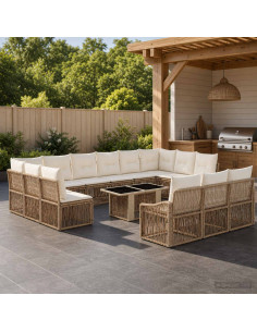 Set Divano da Giardino 14 pz Beige e Bianco Crema polyrattan