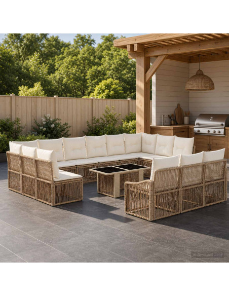 Set Divano da Giardino 14 pz Beige e Bianco Crema polyrattan