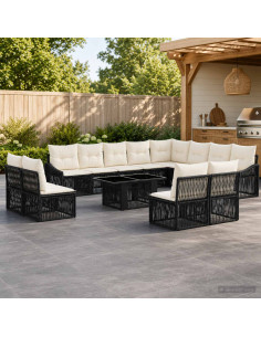 Set Divano da Giardino 13 pz Nero e Bianco Crema polyrattan
