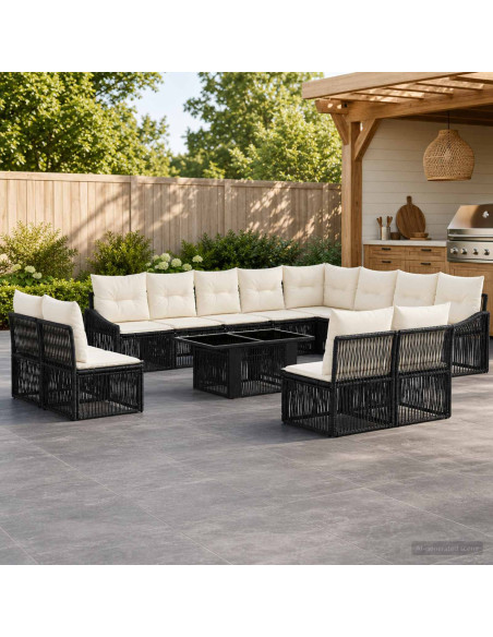 Set Divano da Giardino 13 pz Nero e Bianco Crema polyrattan