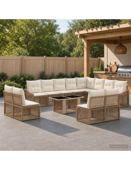 Set Divano da Giardino 13 pz Beige e Bianco Crema polyrattan