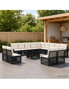 Set Divano da Giardino 14 pz Nero e Bianco Crema polyrattan