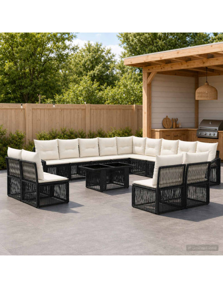 Set Divano da Giardino 14 pz Nero e Bianco Crema polyrattan