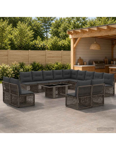 Set Divano da Giardino 14 pz Grigio e Grigio Scuro polyrattan