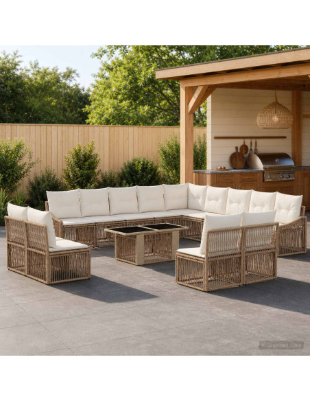 Set Divano da Giardino 14 pz Beige e Bianco Crema polyrattan