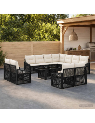 Set Divano da Giardino 12 pz Nero e Bianco Crema polyrattan