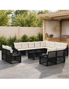 Set Divano da Giardino 13 pz Nero e Bianco Crema polyrattan