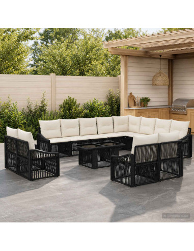 Set Divano da Giardino 13 pz Nero e Bianco Crema polyrattan