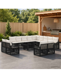 Set Divano da Giardino 14 pz Nero e Bianco Crema polyrattan