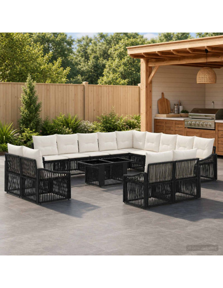 Set Divano da Giardino 14 pz Nero e Bianco Crema polyrattan