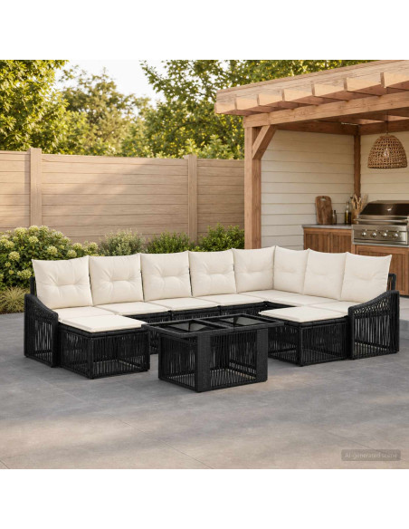 Set Divano da Giardino 10 pz Nero e Bianco Crema polyrattan