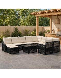 Set Divano da Giardino 11 pz Nero e Bianco Crema polyrattan