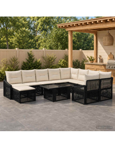 Set Divano da Giardino 11 pz Nero e Bianco Crema polyrattan