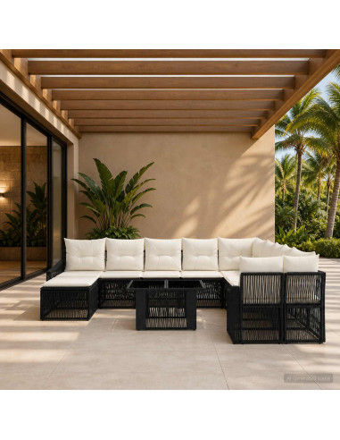 Set Divano da Giardino 12 pz Nero e Bianco Crema polyrattan