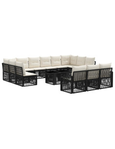 Set Divano da Giardino 14 pz Nero e Bianco Crema polyrattan 2