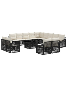 Set Divano da Giardino 14 pz Nero e Bianco Crema polyrattan 2
