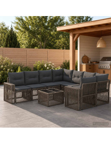 Set Divano da Giardino 9 pz Grigio polyrattan