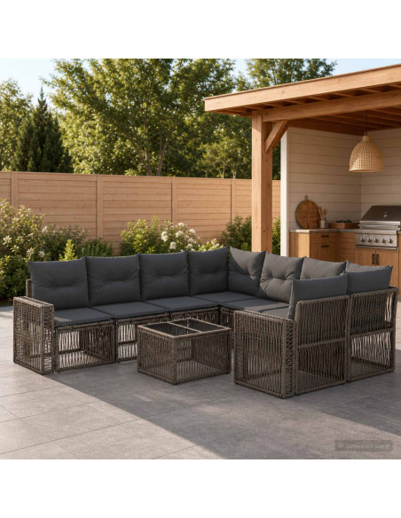 Set Divano da Giardino 9 pz Grigio polyrattan