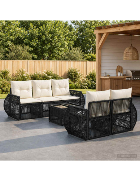 Set Divano da Giardino 6 pz Nero polyrattan
