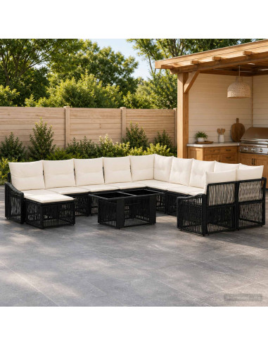 Set Divano da Giardino 12 pz Nero e Bianco Crema polyrattan