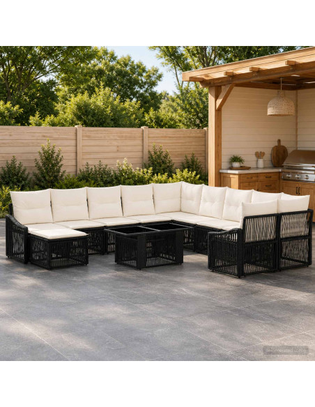 Set Divano da Giardino 12 pz Nero e Bianco Crema polyrattan