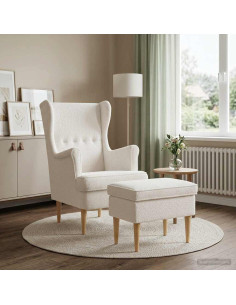 Poltrona con Ottomano 2 pz Crema Bouclé