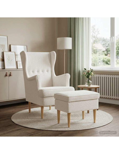 Poltrona con Ottomano 2 pz Crema Bouclé