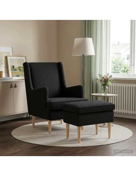 Poltrona con Ottomano 2 pz Nero Bouclé