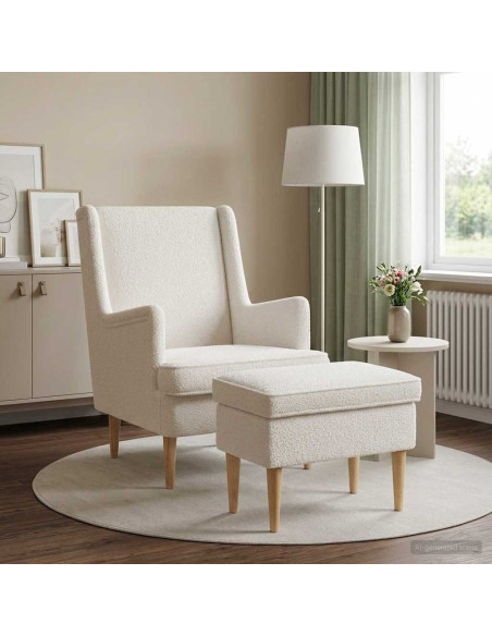 Poltrona con Ottomano 2 pz Crema Bouclé