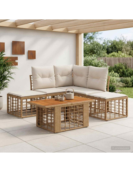 Set Divano da Giardino 6 pz Naturale e Bianco Crema polyrattan