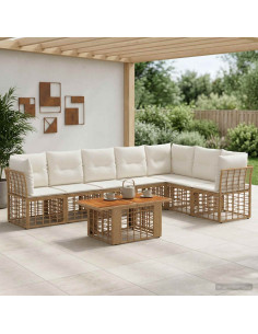Set Divano da Giardino 8 pz Naturale e Bianco Crema polyrattan