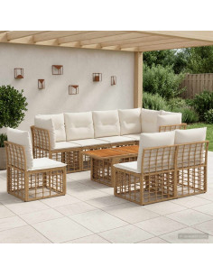 Set Divano da Giardino 9 pz Naturale e Bianco Crema polyrattan