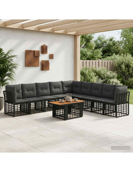 Set Divano da Giardino 10 pz Nero e Grigio scuro polyrattan