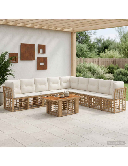 Set Divano da Giardino 10 pz Naturale e Bianco Crema polyrattan