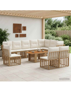 Set Divano da Giardino 11 pz Naturale e Bianco Crema polyrattan