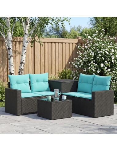 Set di divani 6 pz Nero e Blu Rattan sintetico e Acciaio