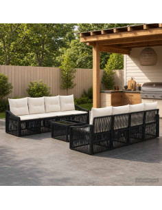 Set Divano da Giardino 9 pz Nero polyrattan