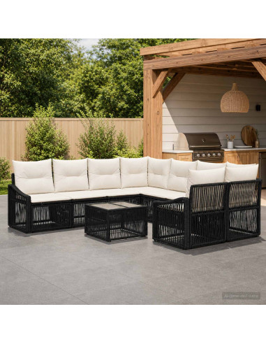 Set Divano da Giardino 9 pz Nero polyrattan