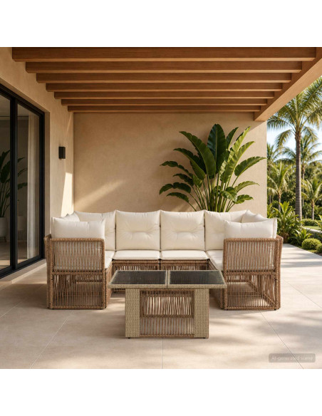 Set Divano da Giardino 7 pz Beige polyrattan