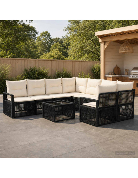 Set Divano da Giardino 9 pz Nero polyrattan