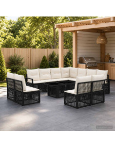 Set Divano da Giardino 12 pz Nero e Bianco Crema polyrattan