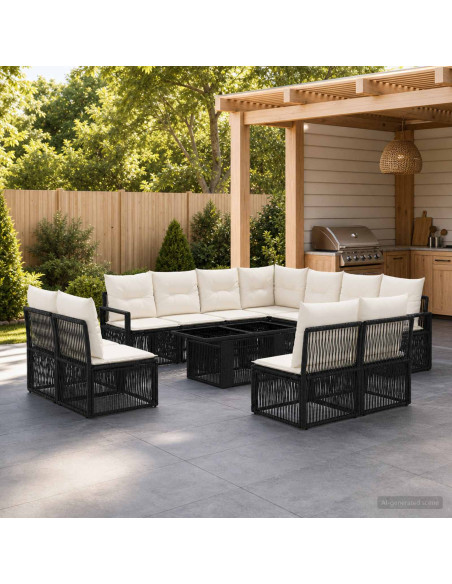 Set Divano da Giardino 12 pz Nero e Bianco Crema polyrattan