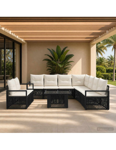 Set Divano da Giardino 10 pz Nero e Bianco Crema polyrattan