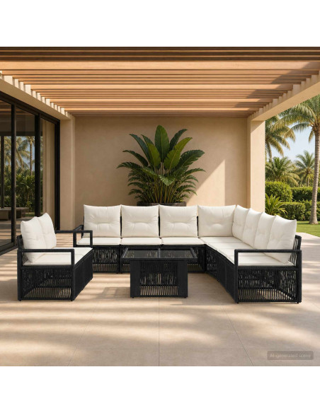 Set Divano da Giardino 10 pz Nero e Bianco Crema polyrattan